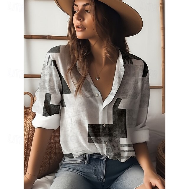 Women's Shirt Summer Tops Casual Beach Long Sleeve Shirt Collar Regular Tops White and Pink Gray+White Summer Spring Fall3