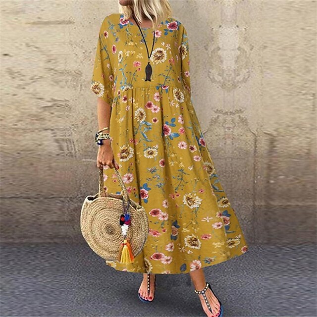 Women's Long Dress Maxi Dress Casual Dress Floral Dress Summer Dress Fashion Modern Daily Beach Weekend Regular Fit Flower Short Sleeve Crew Neck White Yellow Navy Blue Summer4