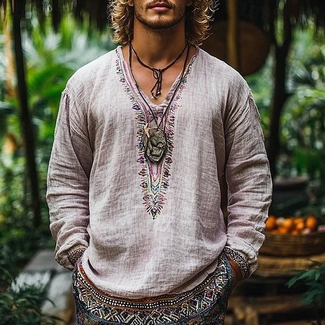  Hombre Camisa Camisa de lino Camisa de manga corta Camisa de verano Ropa de playa Multicolor Vacaciones Calle Rosa Verde Caqui Manga Larga Escote en Pico Verano Primavera Ropa