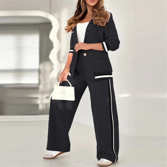  Damen Trainingsanzug Hose mit weitem Bein Athleisure Herbst Langarm Winddicht Fitnessstudio Training Sport Sportbekleidung Sportkleidung Streifen Cachi scuro Schwarz Weiß