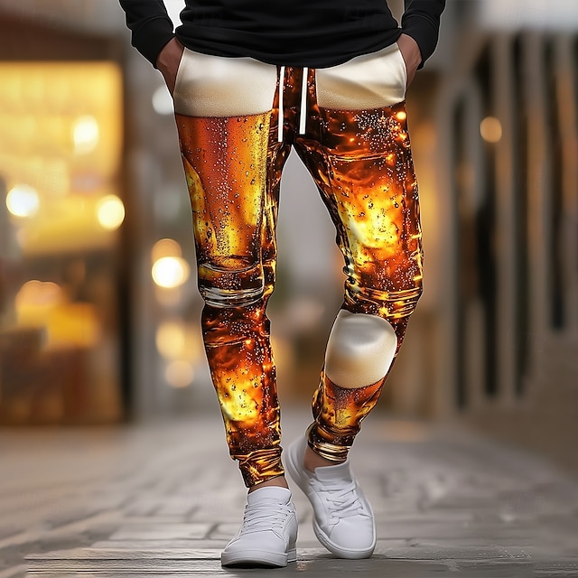  Men's Oktoberfest Beer Sweatpants Joggers Workout Pants Drawstring Elastic Waist Casual Outdoor Holiday Athletic Sweatpants with Pockets Spring Fall Winter 3D Print Yellow Orange
