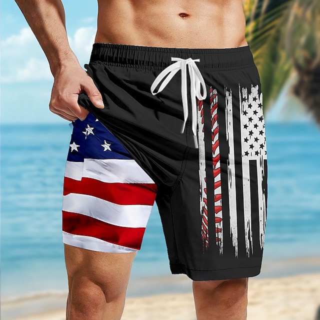  アメリカ独立記念日 男性用 愛国 米国旗 裏地付きショートパンツ 2 in 1 スイムショーツ スイムトランク ミディアムウエスト 祝日 サイドポケット コンプレッションライナー付き 伸縮性のあるドローストリングウエスト デザイナー 衣類