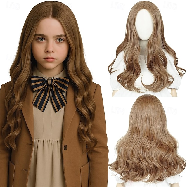  Bruine pruik voor meisjes, lang golvend krullend middenstuk kostuumpruik, prinsessenhaar voor Halloweenfeest