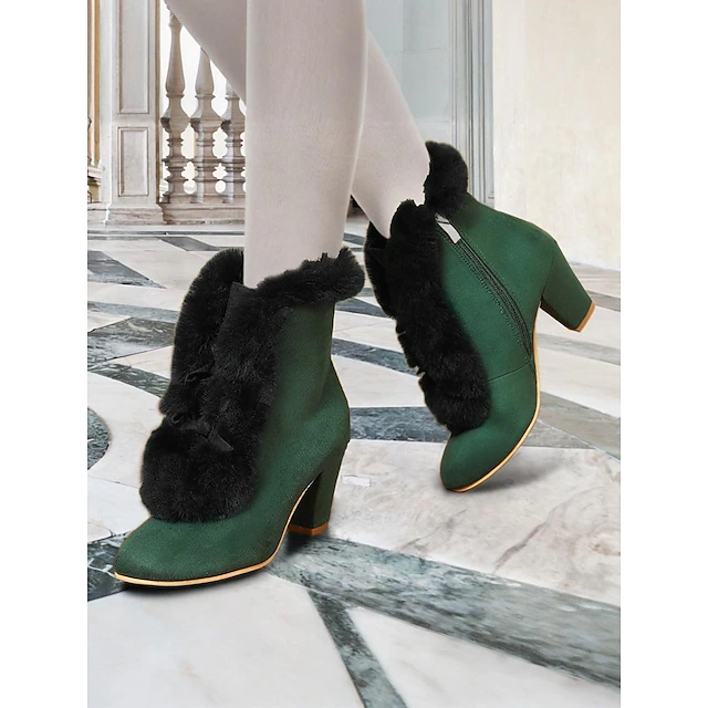 Women's Victorian Green Suede Fur-Trimmed High Heel Boots with Side Zipper - Perfect for Vintage Style and Winter Fashion 7