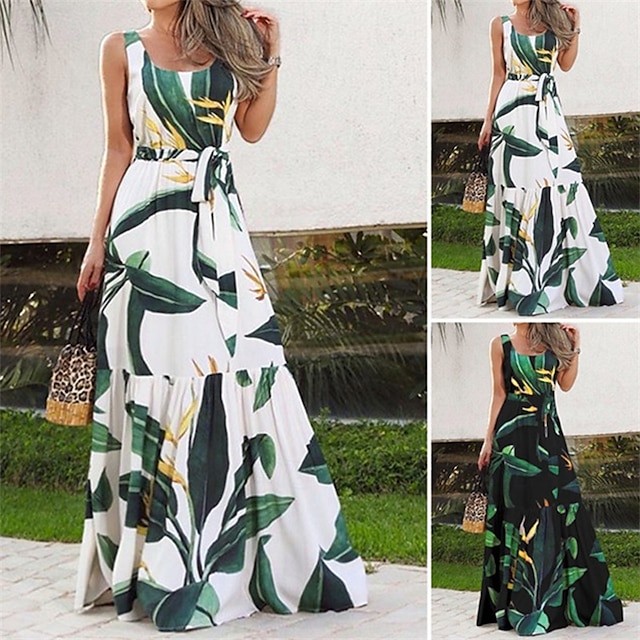  Damen Langes Kleid Maxikleid Freizeitkleid Schwingkleid Sommerkleid Unterkleid Elegant Mode Modern Täglich Strand Wochenende Normale Passform Blume Ärmellos Rundhalsausschnitt Schwarz und Wei
