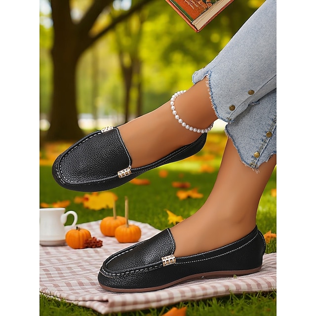 Mocassins souples noirs pour femmes – Chaussures de conduite décontractées, souples et pliables pour les pique-niques d'automne, les garden-parties et les voyages