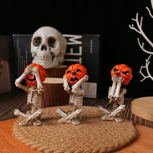  3pcs/set Halloween Pumpkin Head Skull Resin Figurine, Spooky Home Decor, Horror Doll Scene Prop