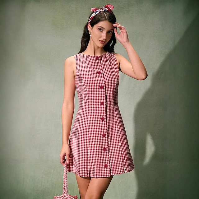  Retro 50. léta 60. léta Mini Šaty Bez rukávů Tlačítko dolů Vzor gingham Dámské Karneval Dovolená Běžné / Denní Piknik Dospělí Šaty Léto