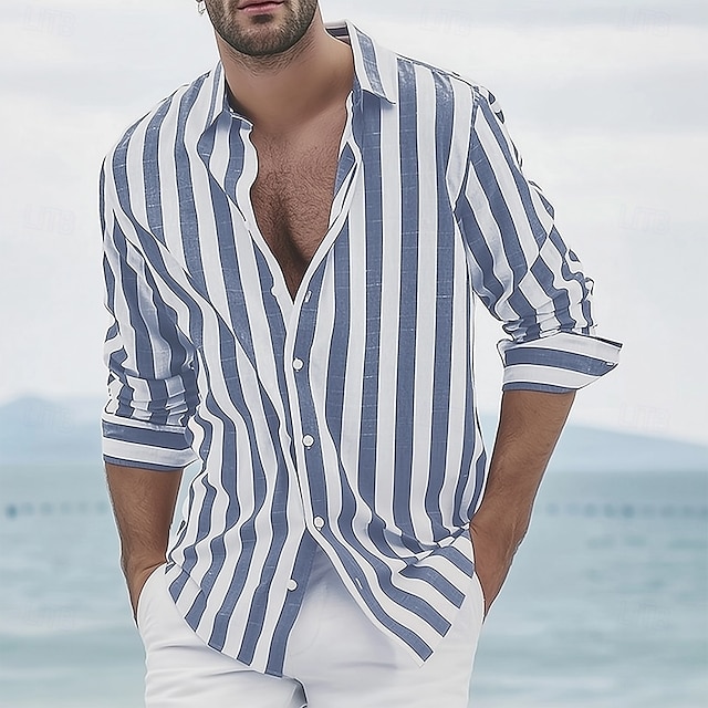  Voor heren Geometrisch Gestreept Overhemd Overhemd met knopen Lange mouw Mode-casual Dagelijks gebruik Causaal Strand Kleding Zomer Lente Strijkijzer 3D-afdrukken Linnenachtig shirt Zwart Blozend