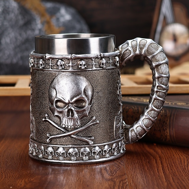  Chope à bière en forme de crâne d'Halloween, style rétro créatif, en forme de corne de bélier, en résine 3D surélevée &Verres en acier inoxydable avec relief amusant pour les amateurs de bière
