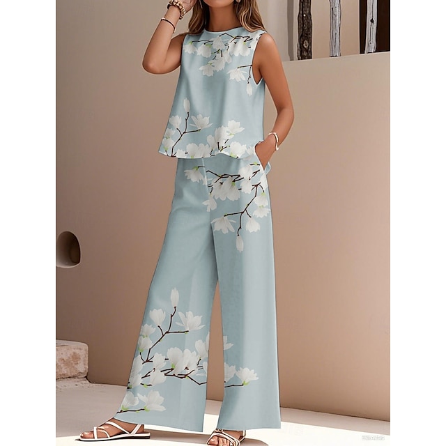  Ensemble deux pièces élégant pour femme, streetwear, chemisier, gilet, pantalon, sans manches, col ras du cou, extérieur, travail, décontracté, imprimé floral, vacances, quotidien, bleu, violet, gris, été, coupe régulière