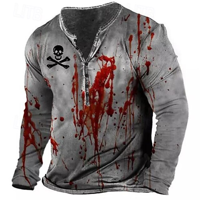 Men's Halloween Graphic Blood Splatter Blood stains T Shirt Henley Shirt Tee Long Sleeve Vintage Designer Stylish Outdoor Casual Daily Spring Fall Spring & Summer Grey Henley Henley T-Shirt4