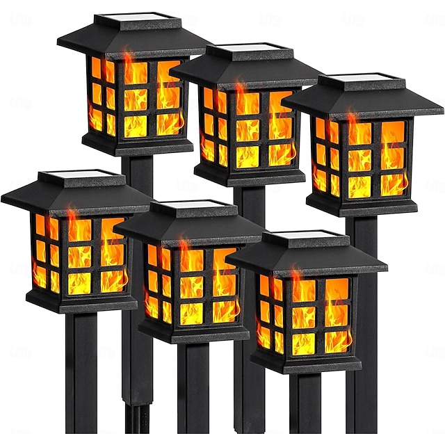  6 Stück Solar-Außenleuchte, wasserdicht, kleines Haus, blinkende Flamme, Bodenstecker, Licht für Innenhof, Garten, Weg, Rasen, Terrasse, Halloween, Weihnachtsfest, Atmosphäre, dekoratives Licht,