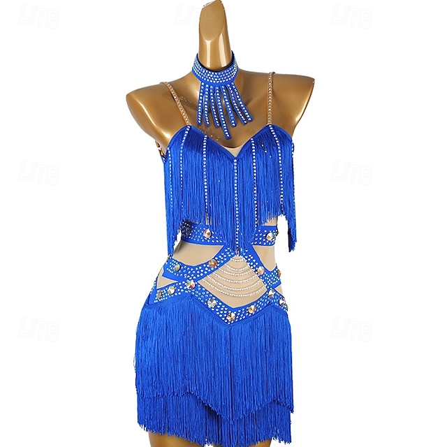  Lateinamerikanischer Tanz Kleid Strass Quaste Spleißen Damen Leistung Training Ärmellos Chinlon Netzstoff Spandex