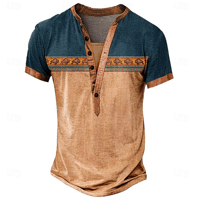 Men's Tribal Ethnic T Shirt Henley Shirt Tee Short Sleeve Designer Basic Ethnic Outdoor Casual Daily Summer Green Navy Blue Brown Henley Henley T-Shirt4