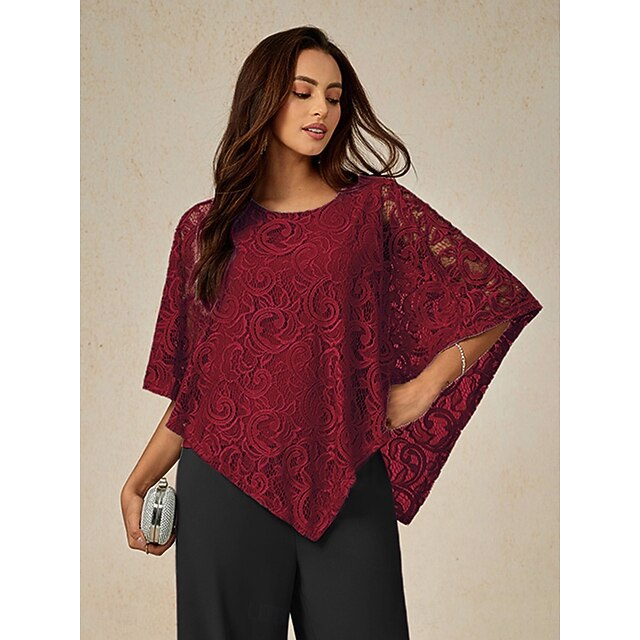 Women's Blouse Dressy Tops Plain Elegant Half Sleeve Crew Neck Regular Tops Wedding Guest Daily Lace Patchwork Layered Wine Summer Spring4