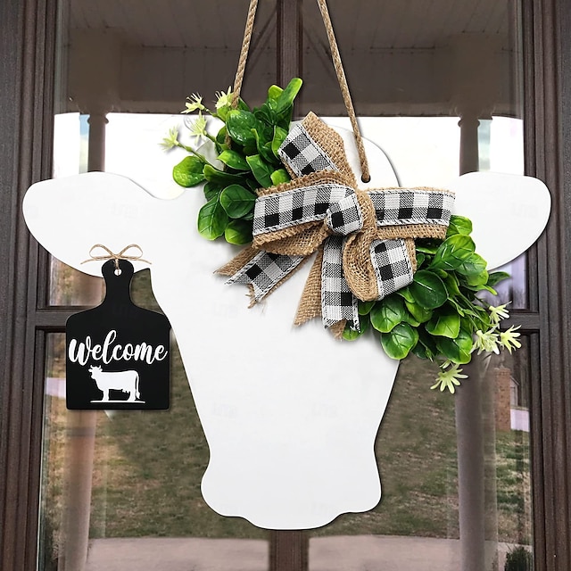 guirlanda de porta com cabeça de vaca e laço xadrez de búfalo, guirlanda de porta de entrada com flores artificiais e placa de bezerro de madeira, decoração de parede rústica