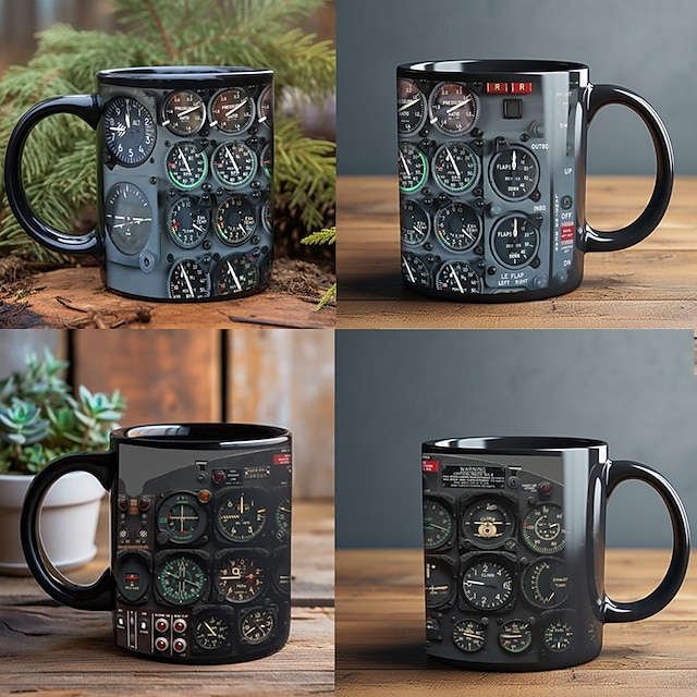  Spaceship Cockpit Instrument Panel Mug, 330ml/12oz Black Ceramic Coffee Cup, Creative Aerospace Pilot Gift Mug for Flight Enthusiast, Engineer, Office Desk Decor