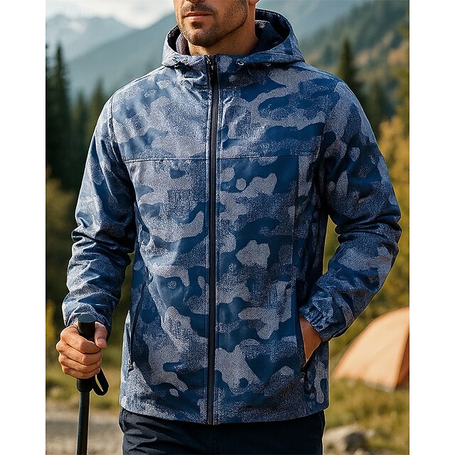 Men's Outdoor Jacket Hiking Jacket Raincoat Outdoor Waterproof Breathable Quick Dry Lightweight Hiking Outfits Hiking Clothes Spring Autumn / Fall Jacket Tennis Golf Running Camo Navy Blue4