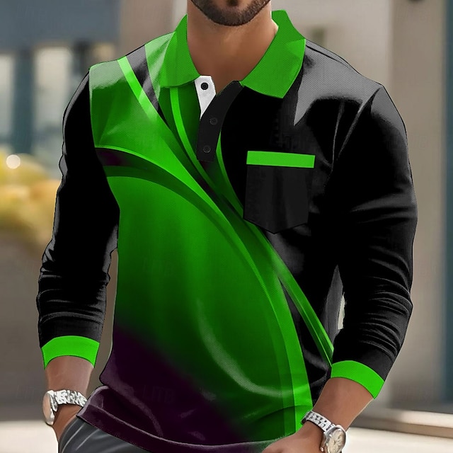  Homme Géométrique Polo manche longue Polos Chemises à Col Vêtement décontracté de travaile Affaires Athleisure Tenue quotidienne Avec Poches Impression 3D Boutons Printemps Automne Hiver Rouge Bleu