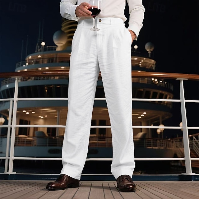  Men's Linen Pants Trousers Summer Pants Beach Pants Pocket Straight Leg Plain Comfort Breathable Vacation Daily Holiday Hawaiian Boho Black White