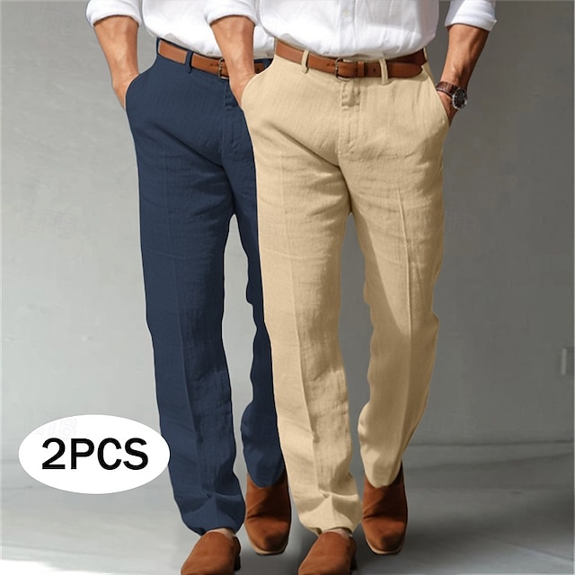  Bărbați Costume Pantaloni de in Pantaloni Pantaloni de vară Buzunar frontal Picior drept Simplu Confort Respirabil Lungime totală Oficial Afaceri Concediu Modă De Bază Negru + Gri deschis Albastru
