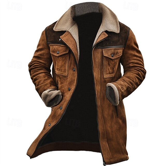 Men's Winter Jacket Fleece Jacket Casual Jacket Vacation Daily Thermal Warm Pocket Fleece Fall Winter Color Block Fashion Streetwear Lapel Long Brown Coffee Jacket4