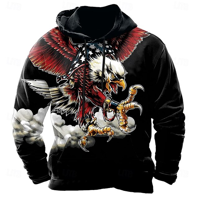  Independence Day Men's American US Flag Eagle Hoodies Sweatshirt Hoodie Hooded Sweatshirt Crew Neck Casual 3D Print Holiday Hunting Black Drawstring Graphic Fall Winter Designer