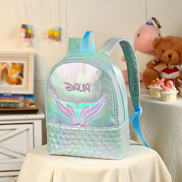  personalisierter Meerjungfrau-Rucksack für Mädchen mit individuellem Namen, Schulanfangsgeschenk für Kinder, Schultasche mit mehreren Fächern für Bücher, Wasserflaschen und Schreibwaren