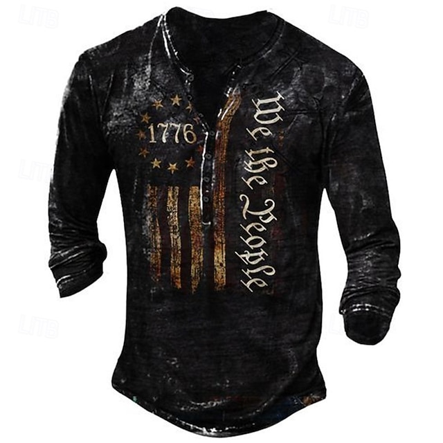  Men's T shirt Tee Henley Shirt Tee Basic Classic Casual Shirt Graphic American Flag 1776 Long Sleeve Shirt Black Red Navy Blue Street Casual Daily Henley Spring &  Fall Clothing Apparel Plus Size S M