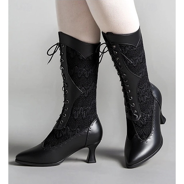  Botas blancas con cordones de estilo victoriano para mujer con detalles de encaje y tacones medios para un uso elegante y vintage.