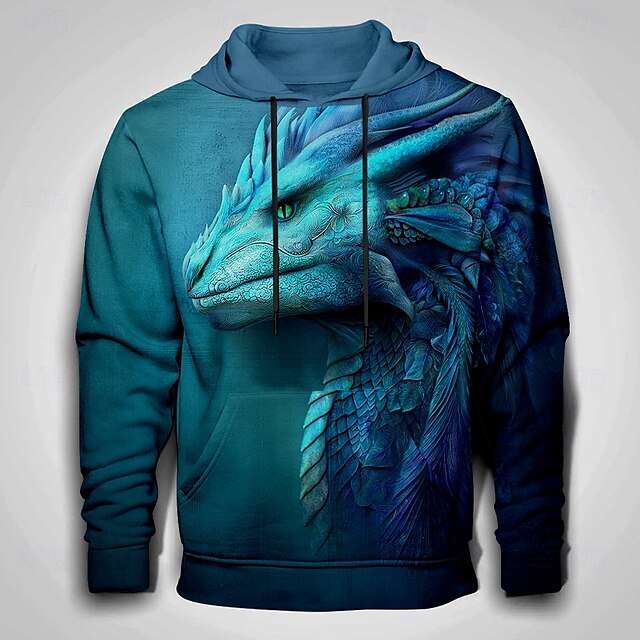 Homens Dragão 3D Moletons Moletom Moletom Moletom com capuz Gola Redonda Legal Impressão 3D Bandagem Streetwear Preto Azul Com Cordão Arte Gráfica Outono Inverno Designer