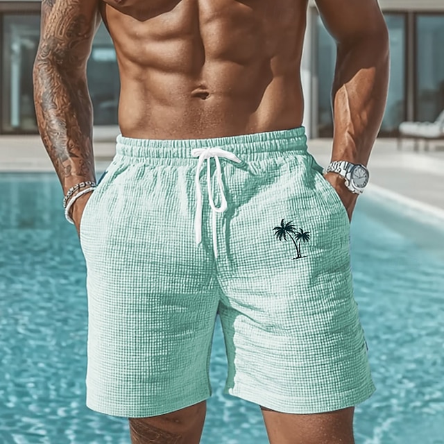  Herr Kokosnötsträd Tropiska växter Våffelshorts Svett shorts Casual shorts Medium Midja Mode Casual Semester Joggning Träningspass Elastisk dragsko i midjan Shorts med fickor Designer Kläder