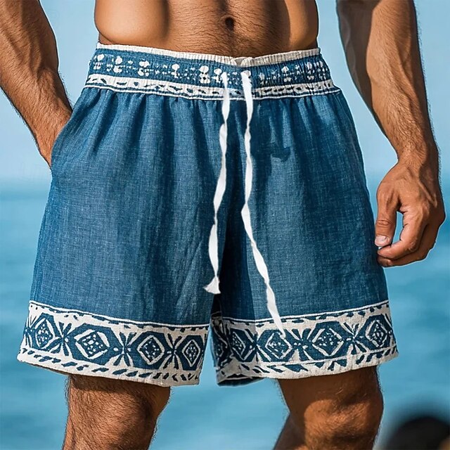 Men's Shorts Linen Shorts Summer Shorts Beach Shorts Drawstring Elastic Waist Geometric Plain Comfort Breathable Knee Length Outdoor Daily Beach Vacation Fashion Blue4