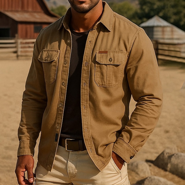  Voor heren Effen Kleur Werkhemden Westers overhemd Cargoshirt Lange mouw Casual Tactisch Buitensporten Werk Kleding Lente Herfst Strijkijzer Twee zakken aan de voorkant Overhemden met knoopjes Leger