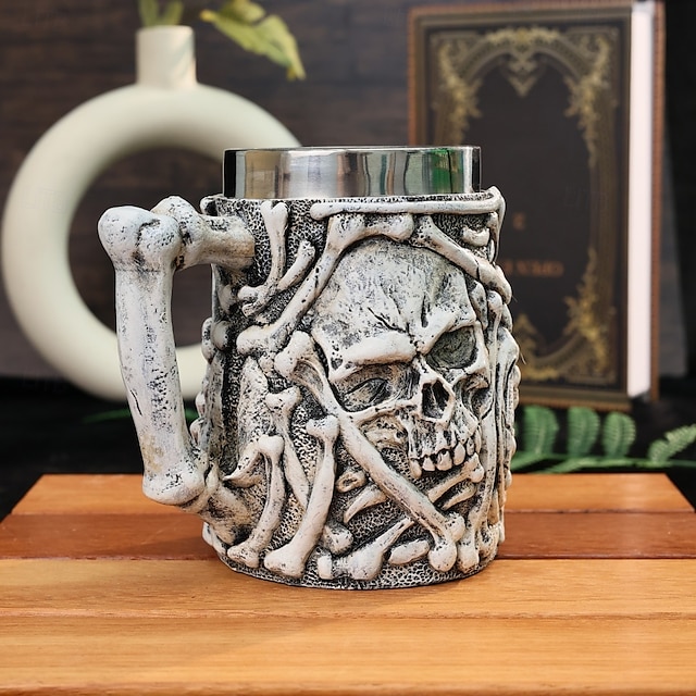  Tazza teschio di Halloween in resina 3D &Boccale da birra in acciaio inox a doppio strato, tazza da caffè a forma di teschio, bicchieri per feste di Halloween, regalo fantastico per gli amanti della