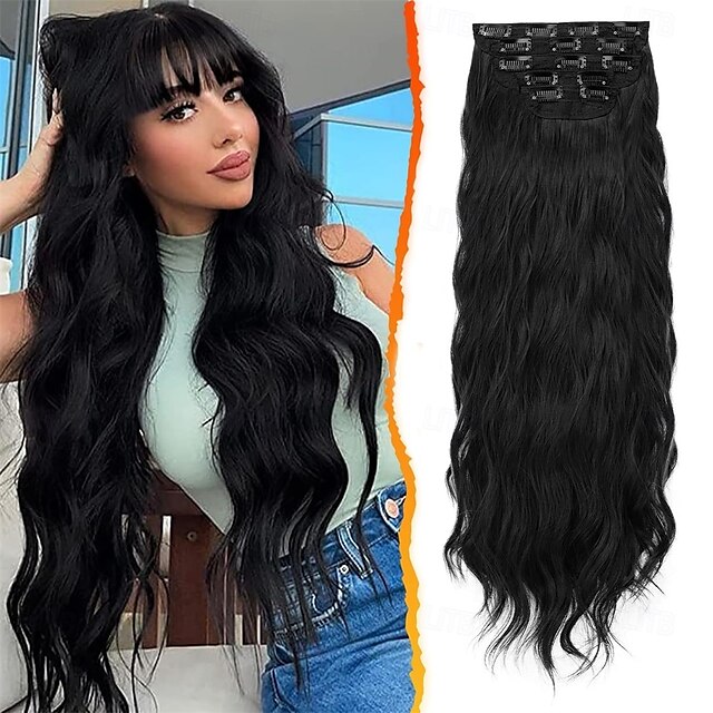 Extensões de cabelo com clipe ondulado de 20 polegadas, 5 peças de apliques sintéticos grossos e macios, pretos naturais, cabeça inteira, extensões de cabelo com clipe para mulheres, longas,