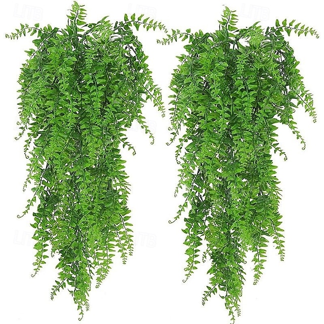  2 stk kunstige planter hengende slyngplanter med bregneblader, plastgrønn veggdekor til hjem, hage, balkong, bryllup, festdekorasjon