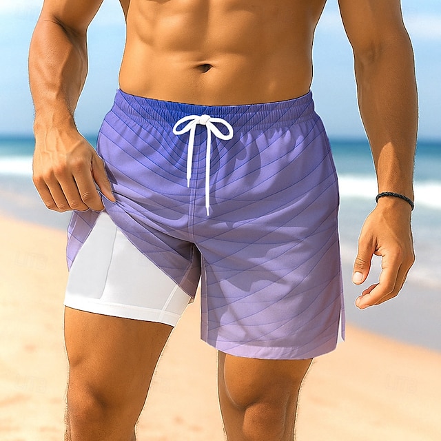  Men's Geometric Gradient Color Lined Shorts 2 in 1 Board Shorts Swim Shorts Mid Waist Hawaiian Holiday Side Pockets With Compression Liner Elastic Drawstring Waist Designer Clothing Apparel