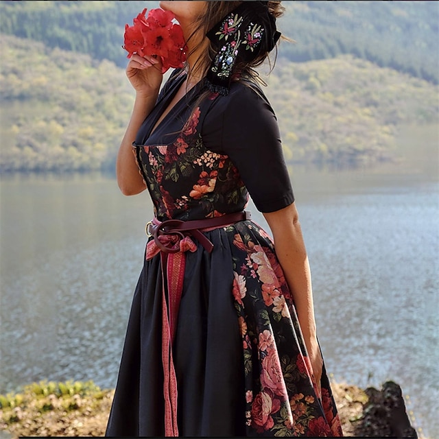  Dames Bloemige Dirndl Jurk met Schort Oktoberfest Beierse Carnaval Bierfestival Trachtenkleid Traditionele Stijl