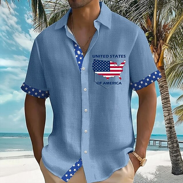 Independence Day Men's Map US Flag Patriotic Shirt Summer Shirt Button Up Shirt Short Sleeve Fashion Casual Vacation Holiday Streetwear Summer Turndown 3D Print Front One Pocket Linen Like Shirt Blue4