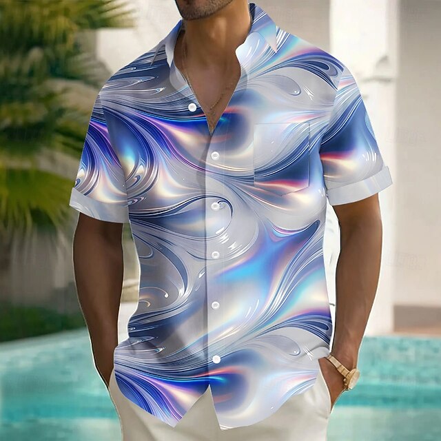 Men's Geometric Waves Abstract Art Shirt Summer Shirt Button Up Shirt Short Sleeve Fashion Casual Vacation Holiday Streetwear Summer Turndown 3D Print Front One Pocket Linen Like Shirt Blue4