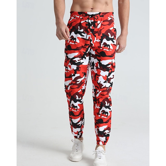  Herren Sporthose Jogginghose Hose Tasche Kordelzug Elastischer Bund Tarnung Komfort Sport im Freien Täglich Mode Lässig Rosa Rote Mikroelastisch