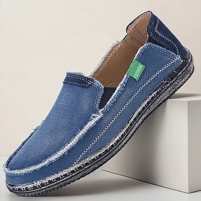  Mocassini da uomo in denim blu con bordo sfrangiato, scarpe casual leggere slip-on per le uscite del fine settimana, le passeggiate estive e il comfort quotidiano