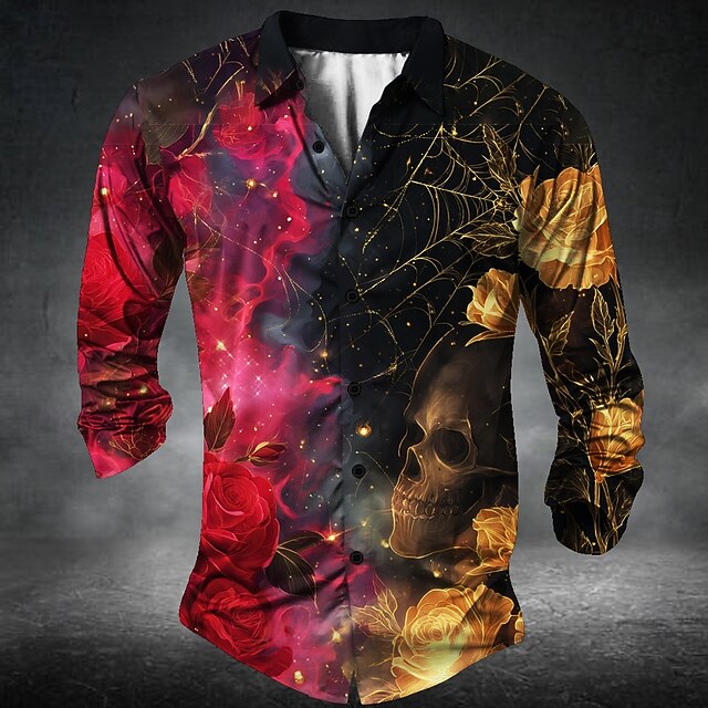 Men's Romantic Rose Skulls Shirt Button Up Shirt Long Sleeve Dark Gothic Style Holiday Streetwear Summer Spring Turndown 3D Print Collared Shirts Black4