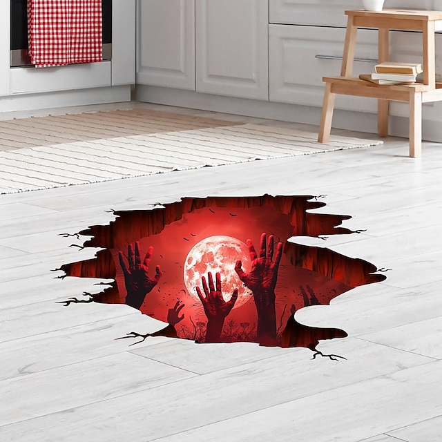  chão de Halloween &Adesivo de parede 3D assustador com lua vermelha e design inovador de mão, decoração autoadesiva de piso e parede para quarto e sala de estar