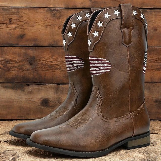  Voor heren Laarzen Cowboy westernlaarzen Retro Vintage Casual Buiten Dagelijks PU Leder Comfortabel Anti-slip Warm Kuitlaarzen Instapper Bruin Zomer Lente Herfst