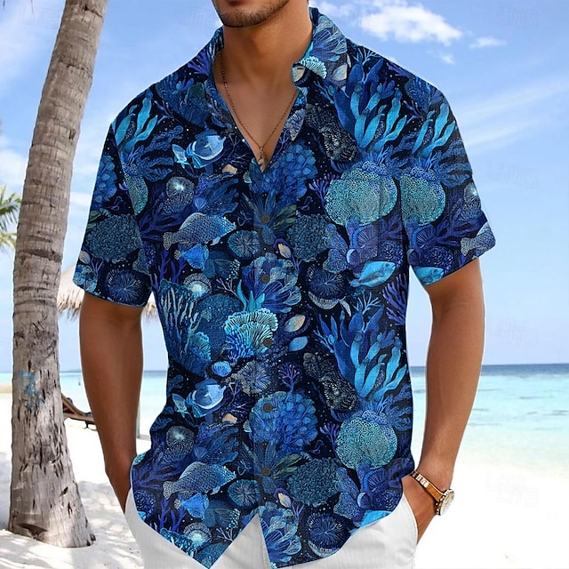  Herren Meeresbewohner Korallenrot Sommer Hawaiihemd Knopfhemd Alohahemd Kurzarm Hemd Umlegekragen Hawaiianisch Urlaub Ferien Strandbekleidung Grün Dunkelblau S M L