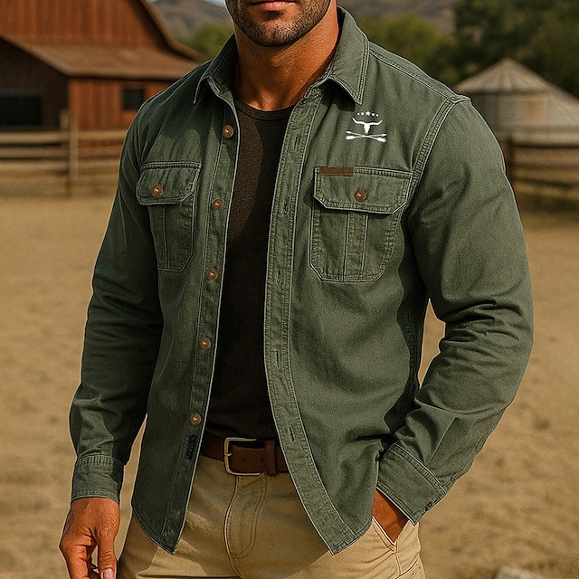  Herren Kuhmuster Arbeitshemd Westernhemd Cargohemd Langarm Lässig Taktisch Sport im Freien Arbeitskleidung Frühling Herbst Umlegekragen Zwei Fronttaschen Hemden mit Knopfleiste Armeegrün Khaki