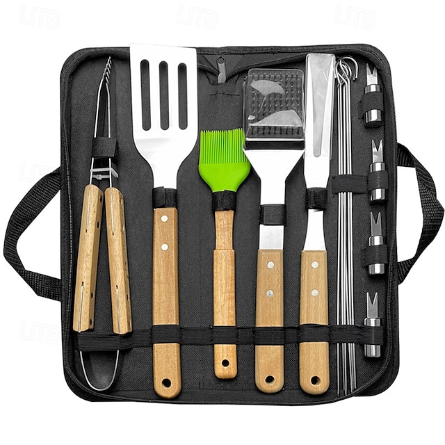  Juego de herramientas para barbacoa de camping con mango de madera, tenedor, espátula, pinzas, accesorios de parrilla de acero inoxidable, bolsa de transporte portátil para acampar al aire libre, picnic, portón trasero